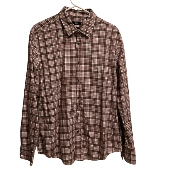 Hugo Boss Men’s Slim Fit Plaid Button Up Shirt Brown Long Sleeve - Picture 1 of 11